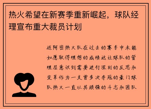 热火希望在新赛季重新崛起，球队经理宣布重大裁员计划